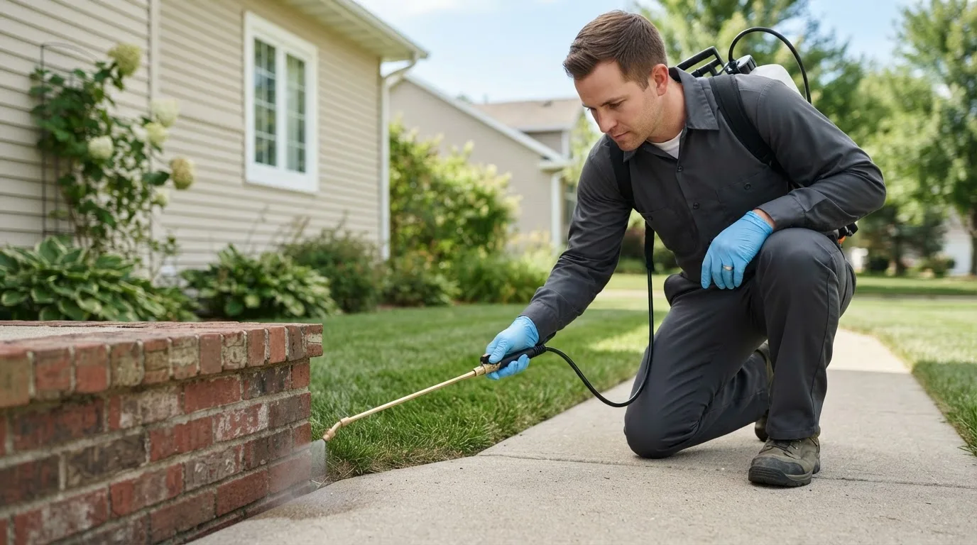 Pest control technician treating a home near Nashua, NH