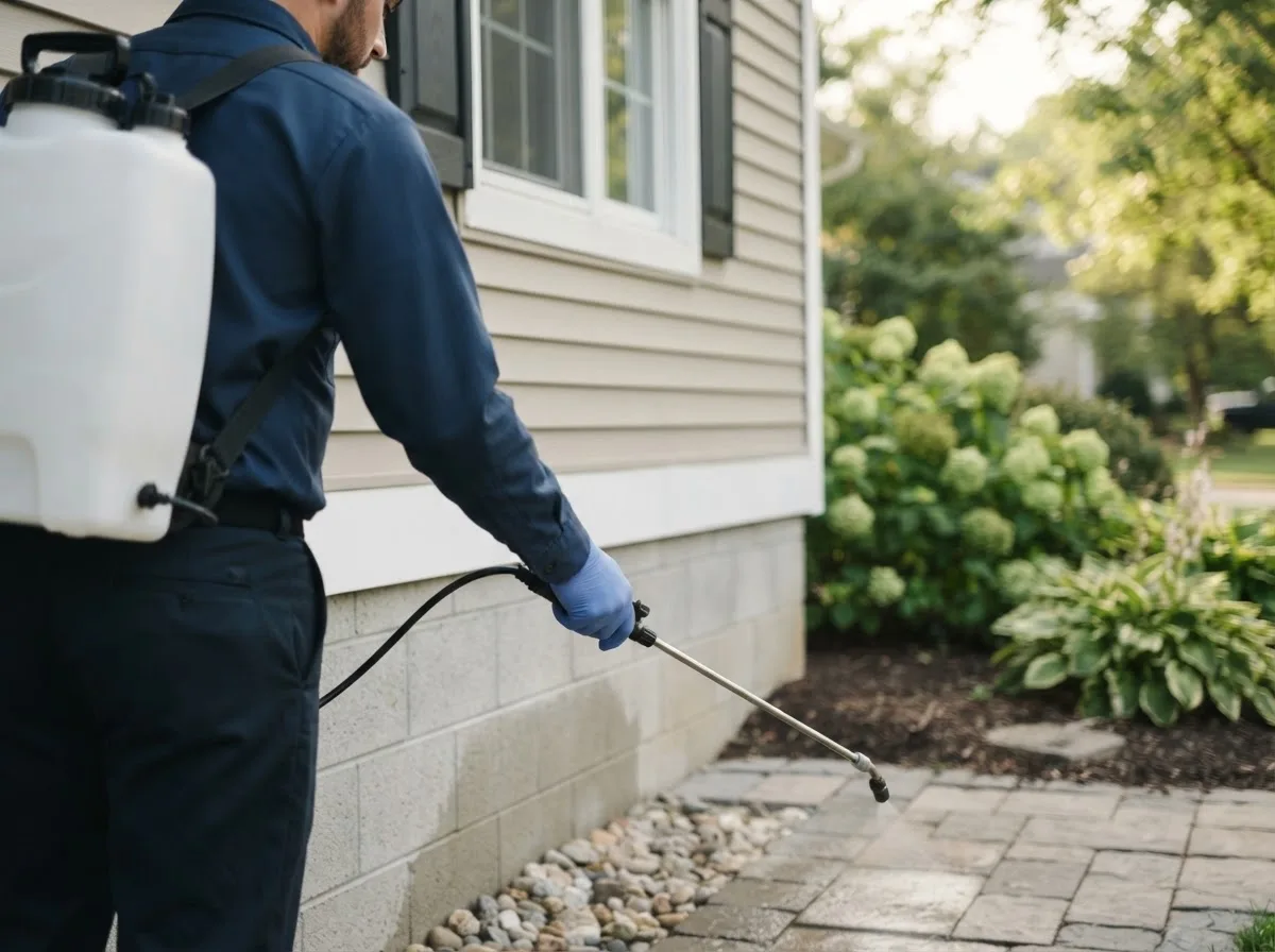 Pest control technician inspecting a home in Nashua, NH